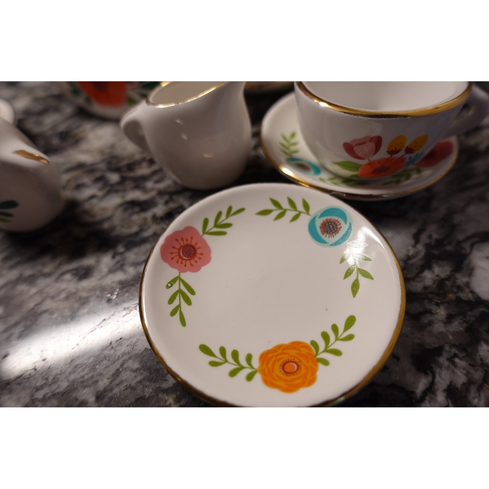 Ceramic Bright Stripes miniature tea set floral pretend playset - Picture 4 of 10